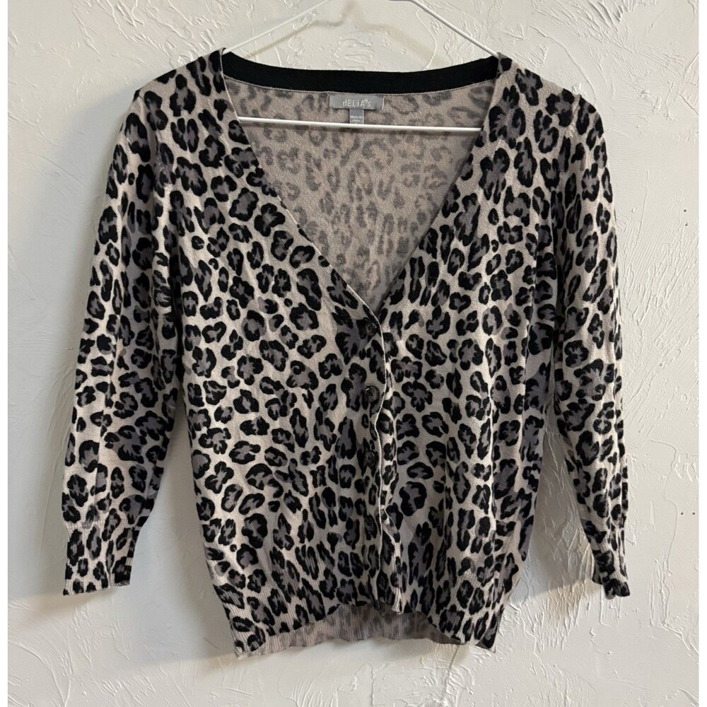 dELiA*s Womens S Gray Black Leopard Print Knit V-Neck Button Cardigan Sweater